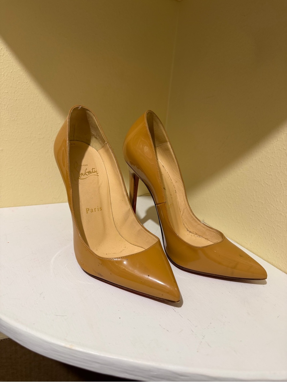Christian Louboutin So Kate 120 Tan Patent Leather Pointed Pumps